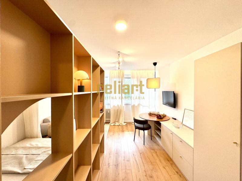 Innenraum einer 1-Zimmer-Wohnung mit einem Regal als Trennwand und einem Boden in Holzoptik.
