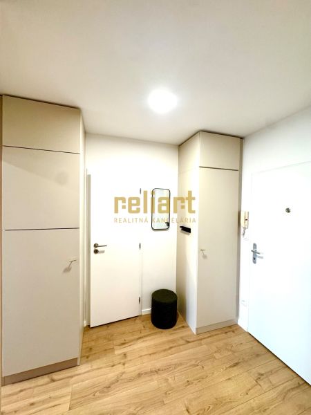 Eingangsbereich mit Holzboden und weißen Schränken in einer Einzimmerwohnung.