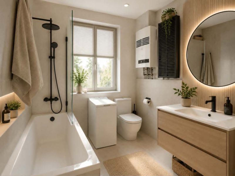 Ein Badezimmer in einem Einfamilienhaus mit Badewanne, Waschbecken und rundem Spiegel, Pflanzen schaffen eine angenehme Atmosphäre.