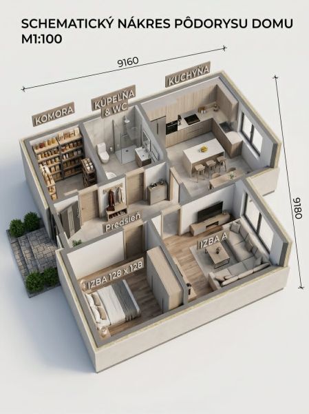 Grundriss eines Einfamilienhauses mit Küche, zwei Zimmern, Badezimmer und Abstellraum.