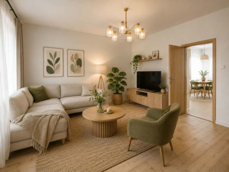 Wohnzimmer in einem Einfamilienhaus mit Holzboden, Sofa und Fernseher.