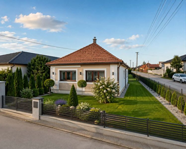 Einfamilienhaus in der Dvorčanská-Straße in Dolné Krškany mit gepflegtem Garten und Pavillon.