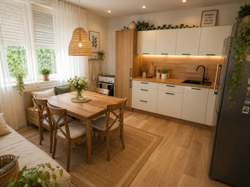 Küche in einem Einfamilienhaus mit Esstisch und Boden in Holzoptik.