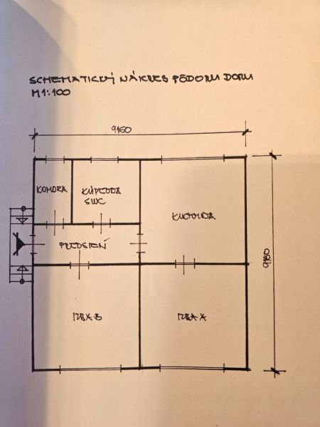 Schematisches Layout eines Einfamilienhauses mit einem Zimmer, einer Küche, einem Badezimmer und einer Speisekammer.