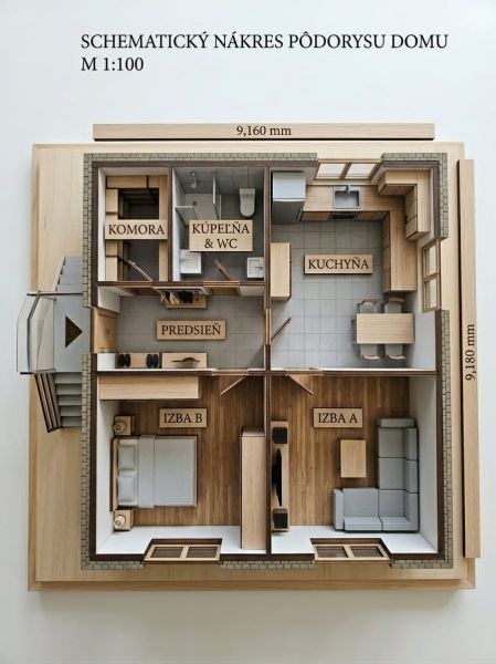 Grundriss eines Einfamilienhauses mit Eingangsflur, Zimmer mit Holzdekor und Küche.