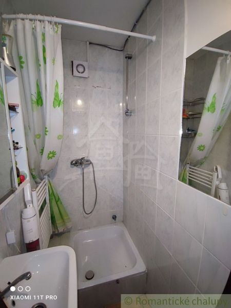 Badezimmer mit Badewanne und Dusche, Einfamilienhaus, Vorhang mit Blättermuster.