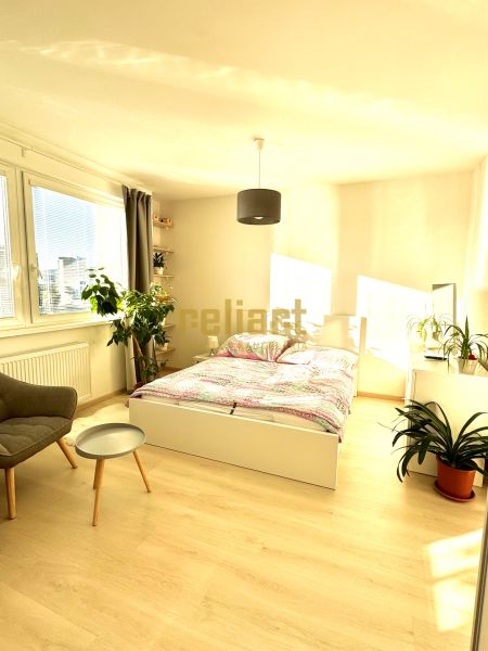 Helles Zimmer in einer Einzimmerwohnung mit Bett und Holzboden.