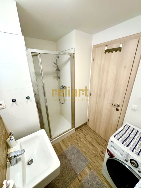 Badezimmer mit Waschbecken, Duschkabine, Waschmaschine und Boden mit Holzdekor in einer Einzimmerwohnung.