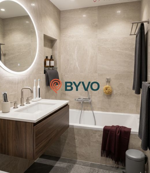 Badezimmer mit Badewanne, hängendem Waschbecken und rundem beleuchtetem Spiegel in einer 2-Zimmer-Wohnung.