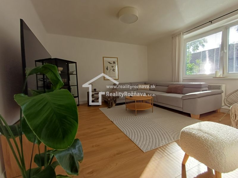 Wohnzimmer in einer 2-Zimmer-Wohnung mit Holzboden und bequemer Couch.