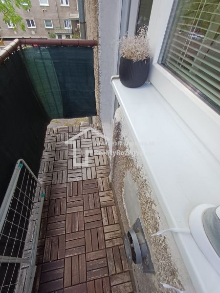 Balkon in einer 2-Zimmer-Wohnung mit Holzboden und einem Blumentopf.