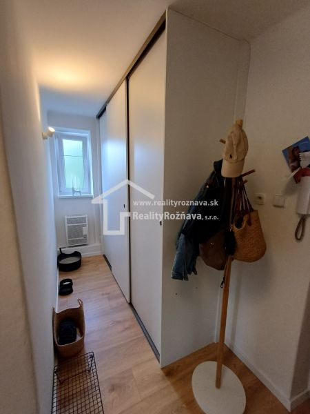 Der Flur in der 2-Zimmer-Wohnung mit einem Boden in Holzoptik und Einbauschränken.