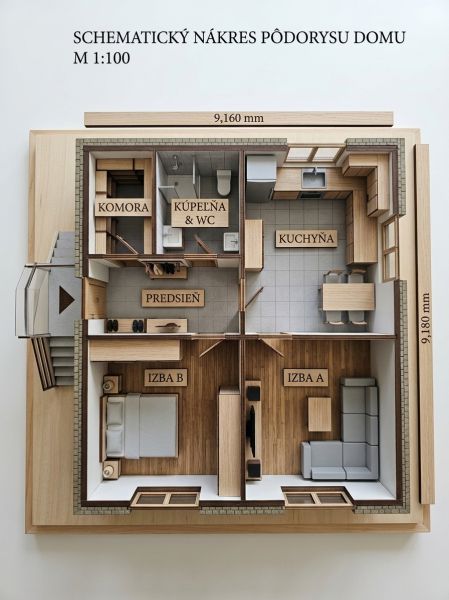 Grundriss eines Einfamilienhauses mit Vorraum, Speisekammer, Badezimmer, Küche und Zimmern mit Holzdekor.