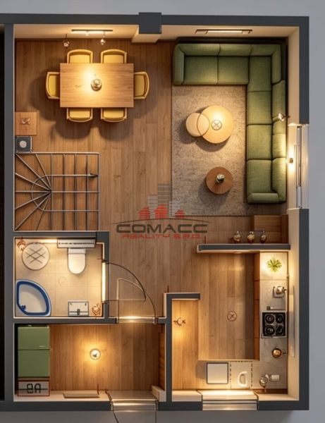 Grundriss des Innenraums eines Einfamilienhauses mit Sofa und Küche, Boden mit Holzdekor.