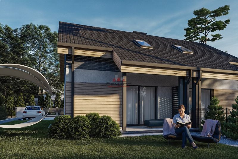 Einfamilienhaus in Sasinkovo mit Terrasse, Garten-Sitzbereich und Auto in der Einfahrt.