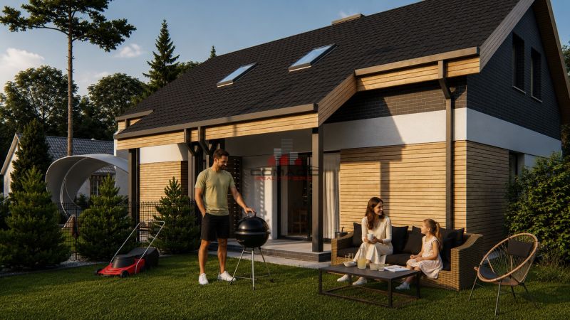 Ein Einfamilienhaus in Sasinkovo mit einer Fassade in Holzoptik und einem Gartenbereich zum Grillen.