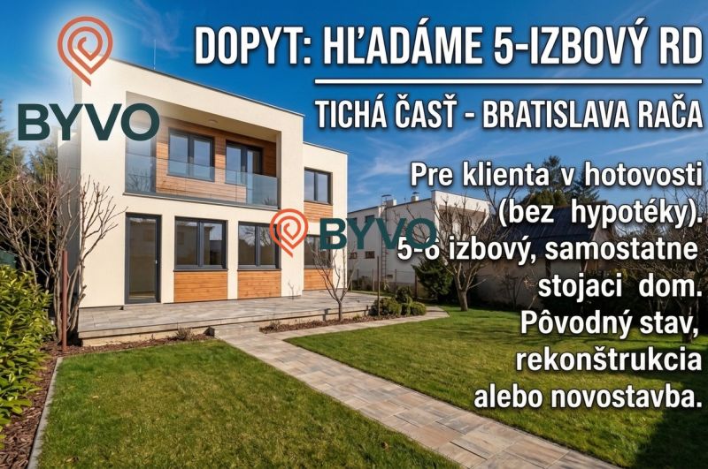 Ein Einfamilienhaus in Bratislava-Rača mit einer Fassade in Holzdekor und einem gepflegten Garten.