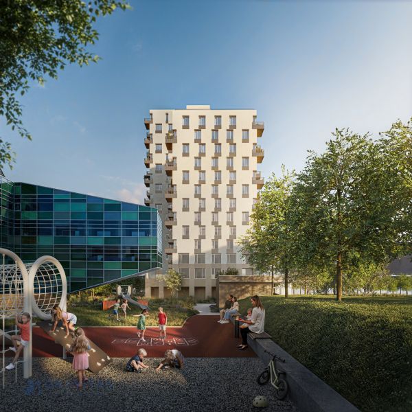 Wohngebäude mit Glasfassaden und Kinderspielplatz in Mlynské Nivy in Bratislava - Ružinov.