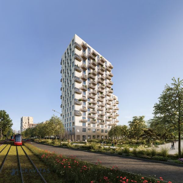 Moderne Wohnbebauung an den Mlynské Nivy in Bratislava-Ružinov, neben der Straßenbahnstrecke.