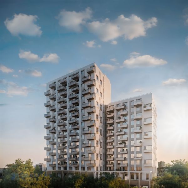 Ein Hochhaus an den Mlynské Nivy in Bratislava - Ružinov mit Balkonen und Grünflächen.