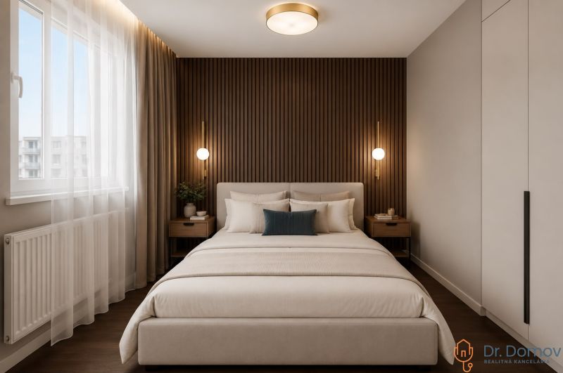 Schlafzimmer mit gepolstertem Bett, Holzverkleidung und zwei Nachttischen in einer 3-Zimmer-Wohnung.