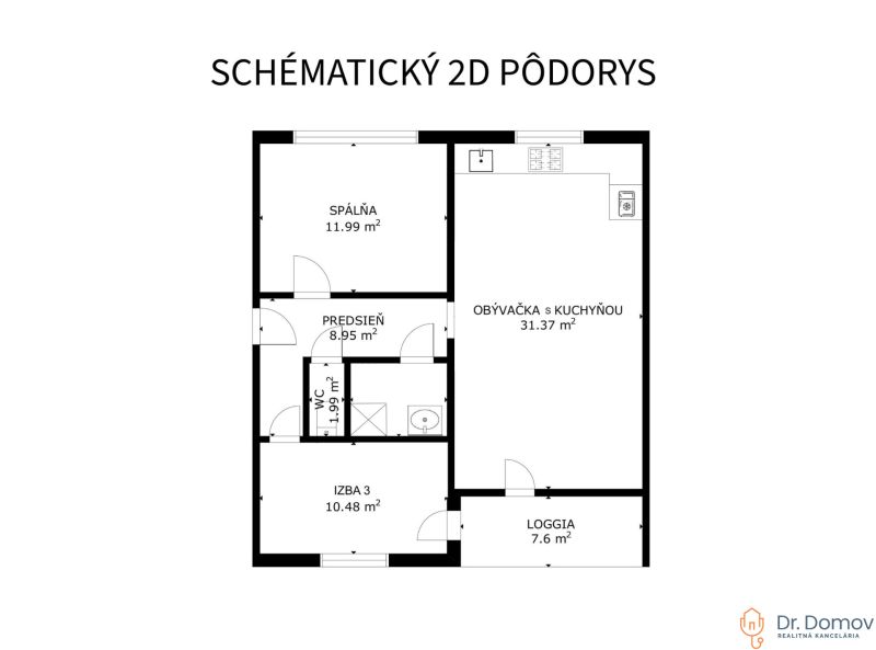 Grundriss einer 3-Zimmer-Wohnung mit Schlafzimmer, Wohnzimmer mit Küche und Loggia.