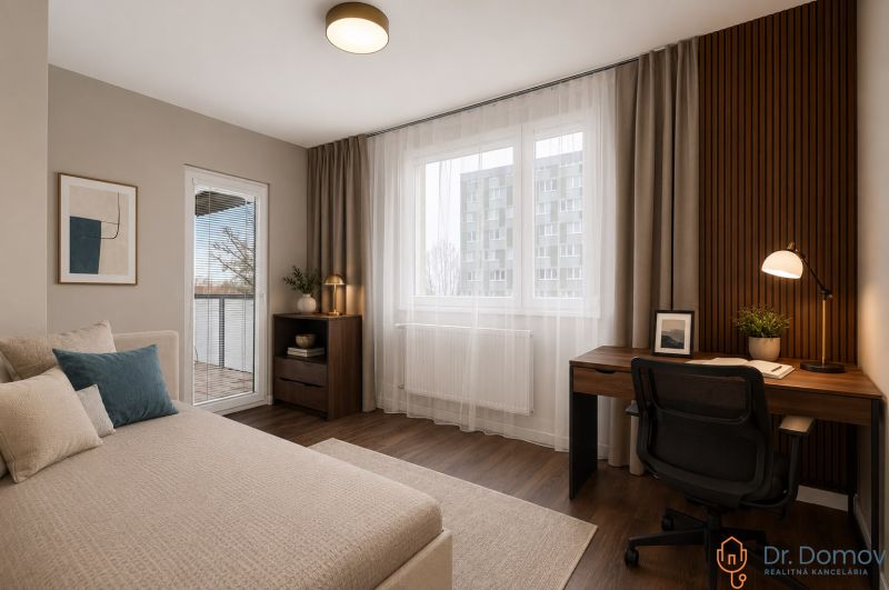 Ein geräumiges Zimmer in einer 3-Zimmer-Wohnung mit einem Schreibtisch und einem Boden in Holzoptik.