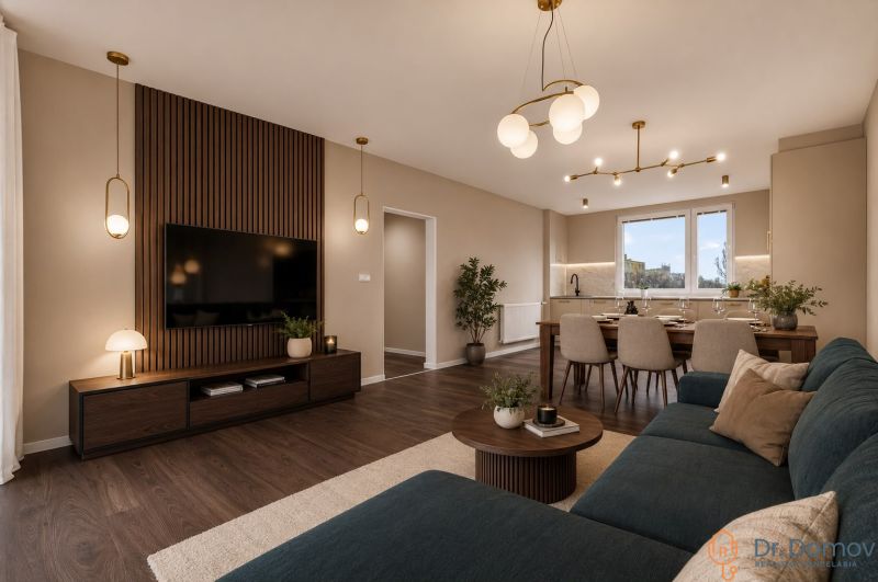 Wohnzimmer mit Holzboden, Esstisch und bequemer Couch in einer 3-Zimmer-Wohnung.