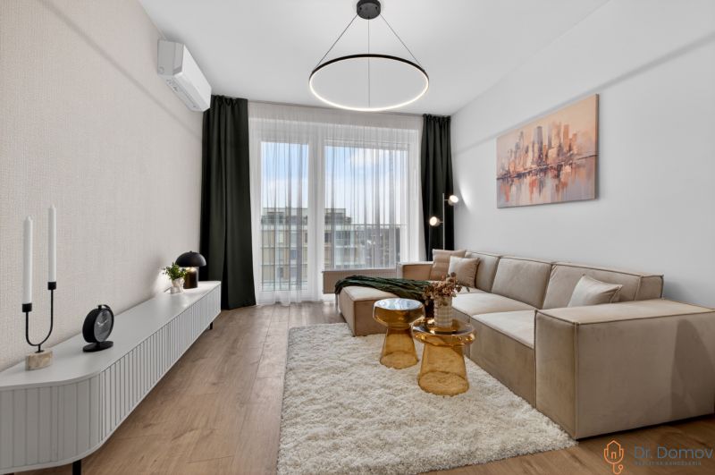 Wohnzimmer in einer 2-Zimmer-Wohnung mit Sofa, Teppich und Holzboden.