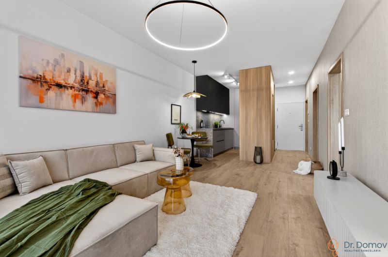 Wohnbereich in einer 2-Zimmer-Wohnung mit Holzboden und stilvollen Möbeln.