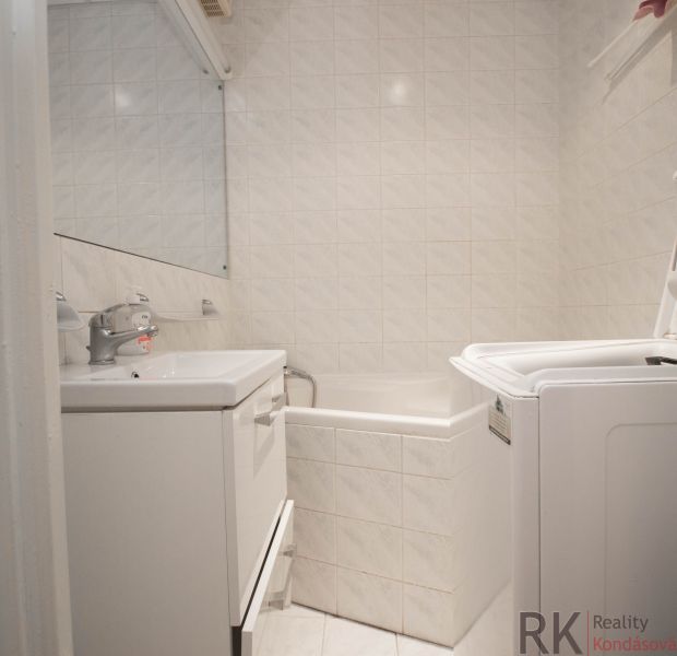 Badezimmer mit Badewanne, Waschbecken und Waschmaschine in einer Einzimmerwohnung.