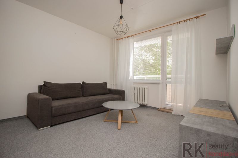 Wohnzimmer einer Einzimmerwohnung mit grauem Sofa, Tisch und Vorhängen.