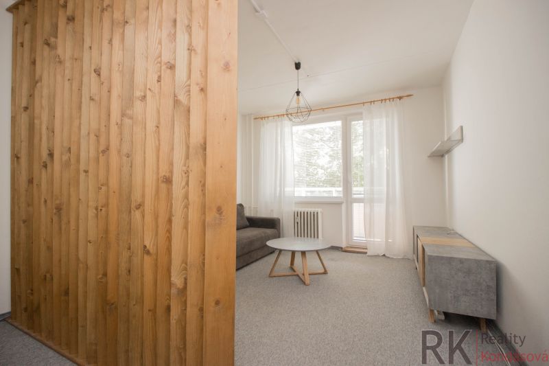 Wohnbereich in einer Einzimmerwohnung mit Holzwand und Fenster mit weißen Vorhängen.