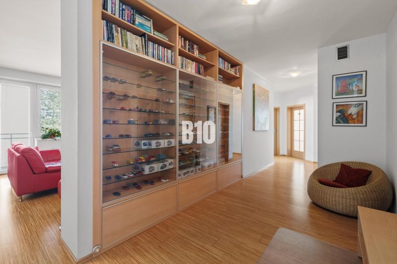 Flur in einer 4-Zimmer-Wohnung mit einer Vitrine für Automodelle und einem Boden mit Holzdekor.