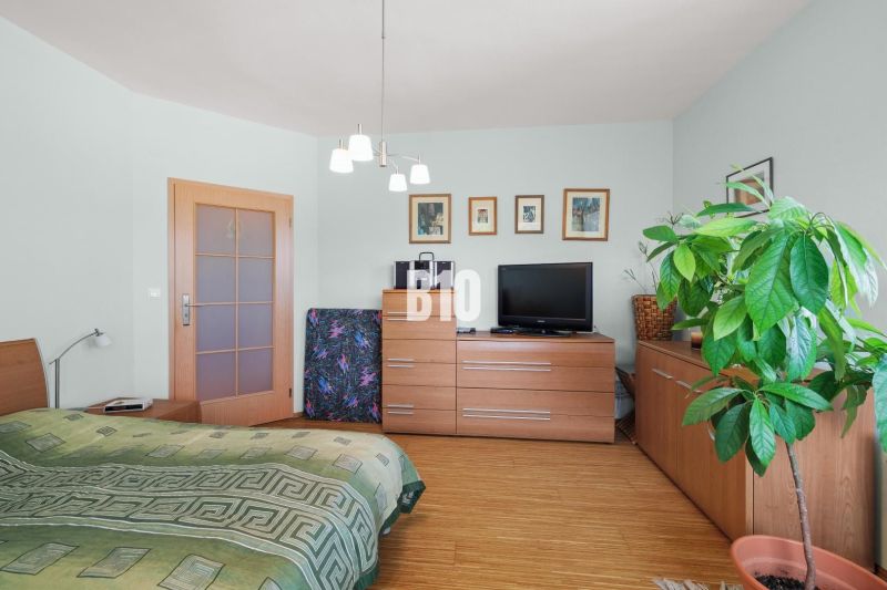 Schlafzimmer mit Schrank, Fernseher, Holzboden und großer Pflanze in einer Vierzimmerwohnung.