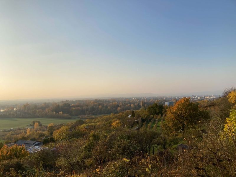 Panorama eines Herbstwaldes und Felder mit Blick auf die Stadt Banka.