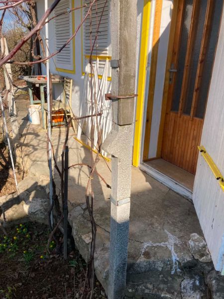 Eingang zu einer Hütte mit Holztüren in Banka, wo es auch Weinberge und Blumen gibt.