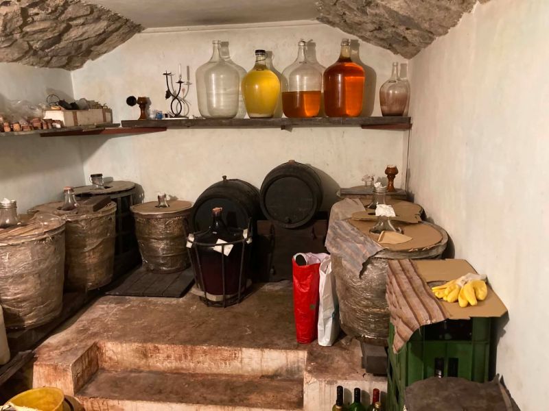 Keller in der Hütte mit Fässern und Glasballons auf dem Regal.