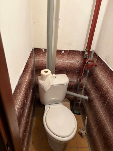 Toilette mit klassischem WC und Eckfliesen in der Hütte.