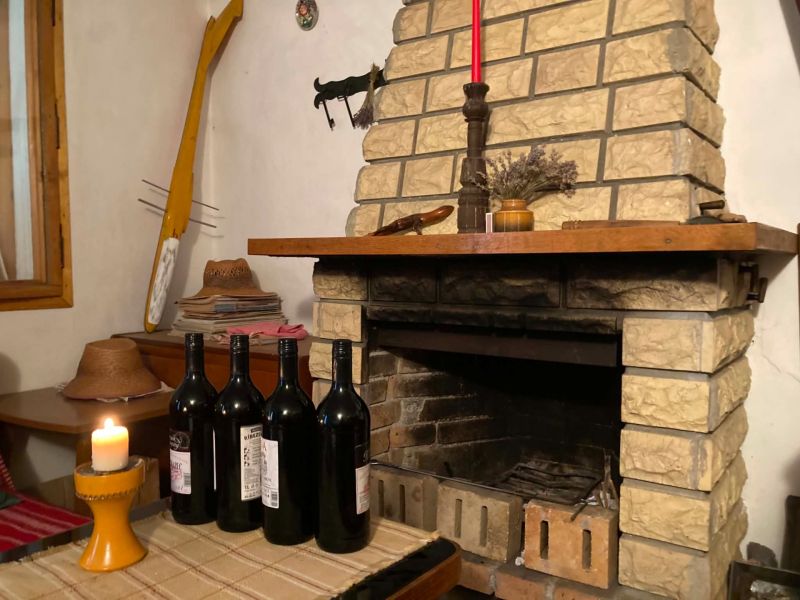 Im Chalet befindet sich ein gemauerter Kamin, Weinflaschen und eine Kerze auf dem Tisch.