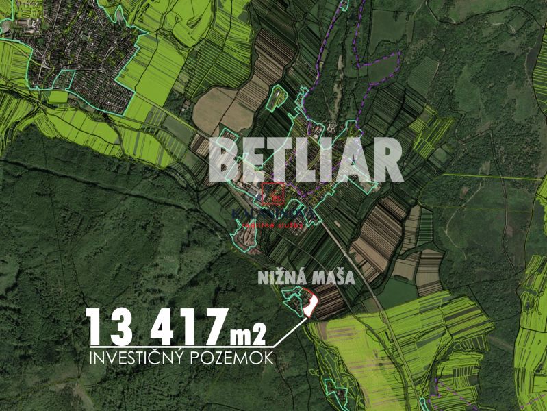 Karte des Investitionsgrundstücks mit einer Fläche von 13.417 m² in Betliar.
