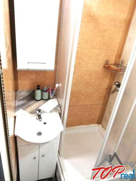Badezimmer mit Waschbecken und Duschkabine in einer Einzimmerwohnung.