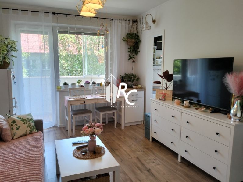 Wohnzimmer in einer Einzimmerwohnung mit Holzboden und weißen Möbeln.