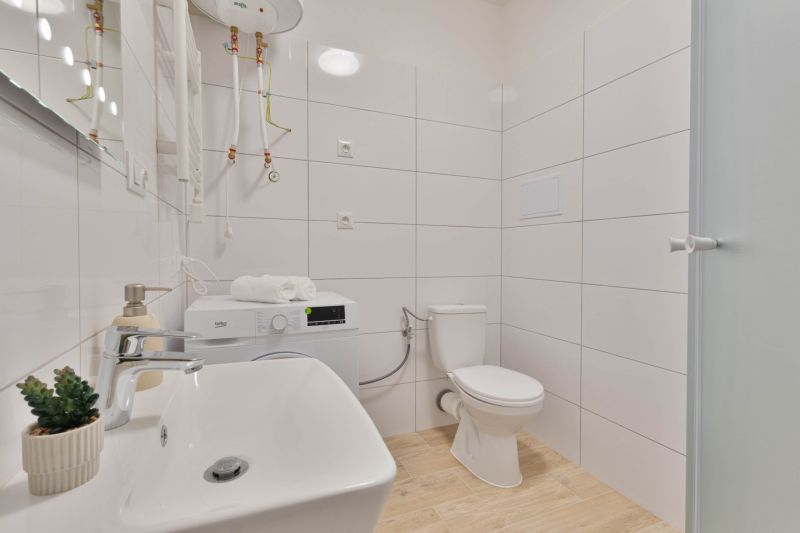 Badezimmer in einem Einzimmerapartment mit Waschmaschine, Waschbecken, Toilette und Duschkabine, Boden mit Holzdekor.