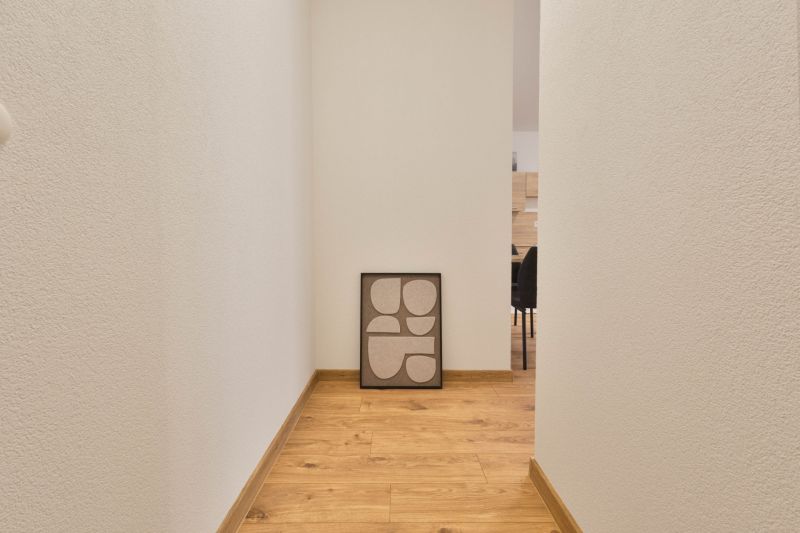 Der Flur im Einzimmerapartment mit einem Boden in Holzoptik und einem an die Wand gelehnten Bild.