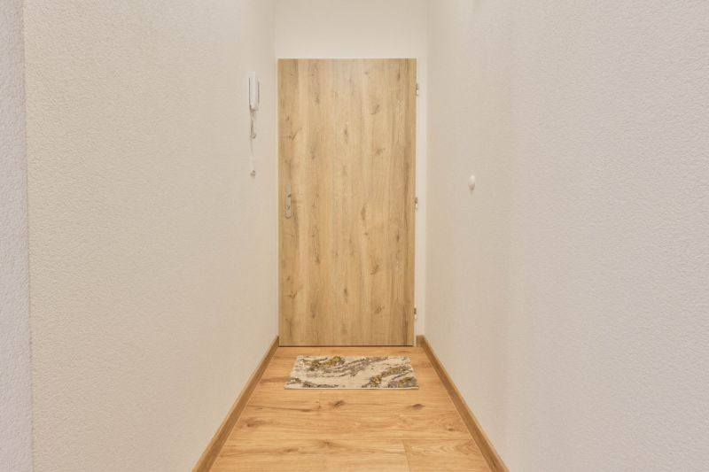 Ein enger Flur mit weißen Wänden und Türen mit Holzdekor in einem Einzimmerapartment.