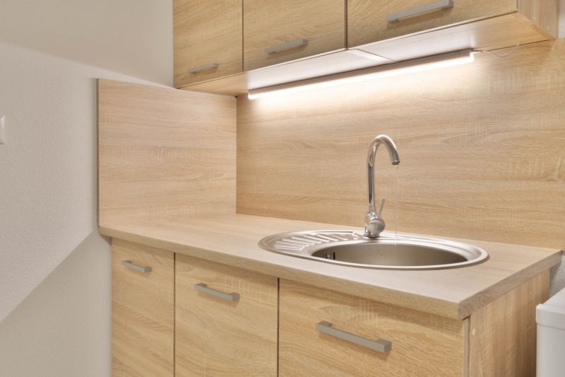 Küchenzeile in einem Einzimmerapartment mit Holzdekor und Spülbecken.