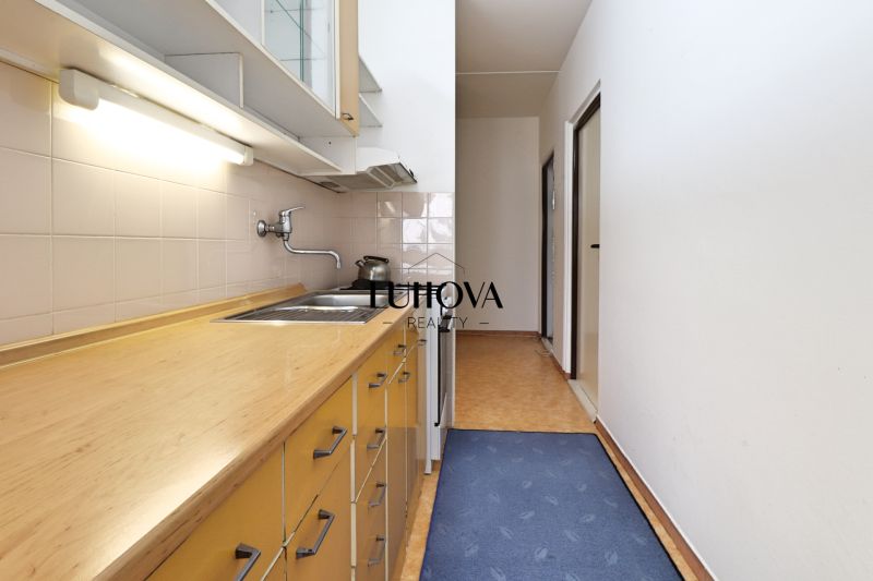 Küche in einer 2-Zimmer-Wohnung mit langer Arbeitsplatte in Holzoptik und blauem Teppich.