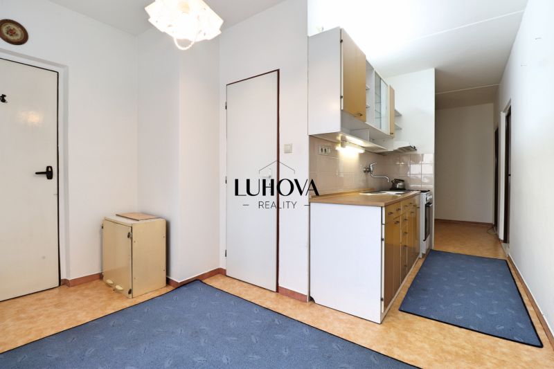 Küche in einer 2-Zimmer-Wohnung mit Küchenzeile und blauen Teppichen auf dem Boden.