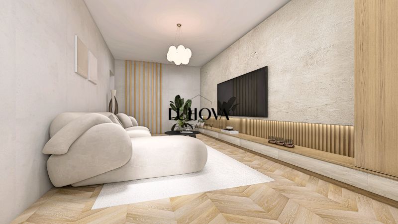 Ein helles Wohnzimmer mit einem bequemen Sofa, einem Holzboden und einem Fernseher. 2-Zimmer-Wohnung.
